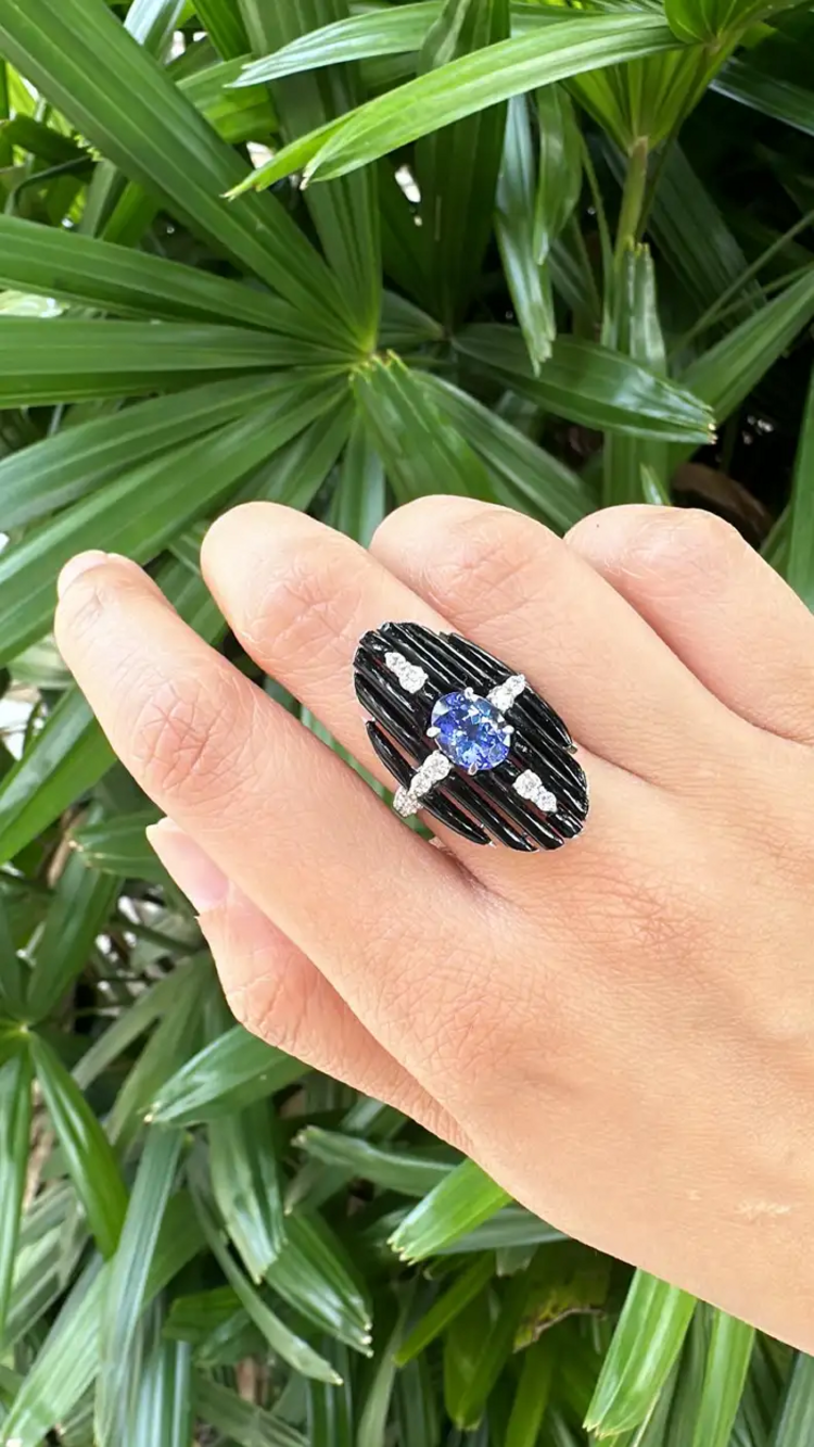 Black Onyx & Tanzanite Gemstone Ring - 18k White Gold Diamond Cocktail Ring