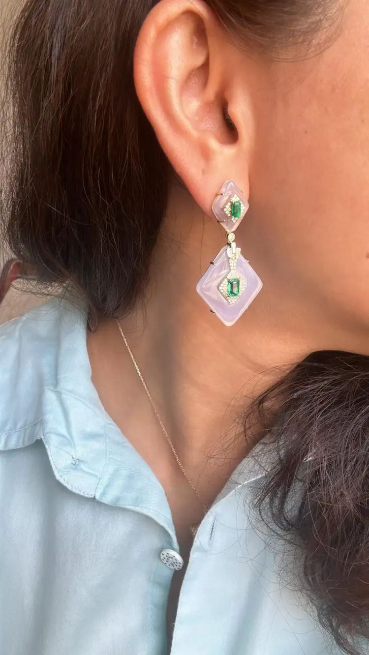 18k Yellow Gold Dangle Earrings - Natural Emerald & Rock Crystal Statement Earrings - Gold Diamond Women Earrings