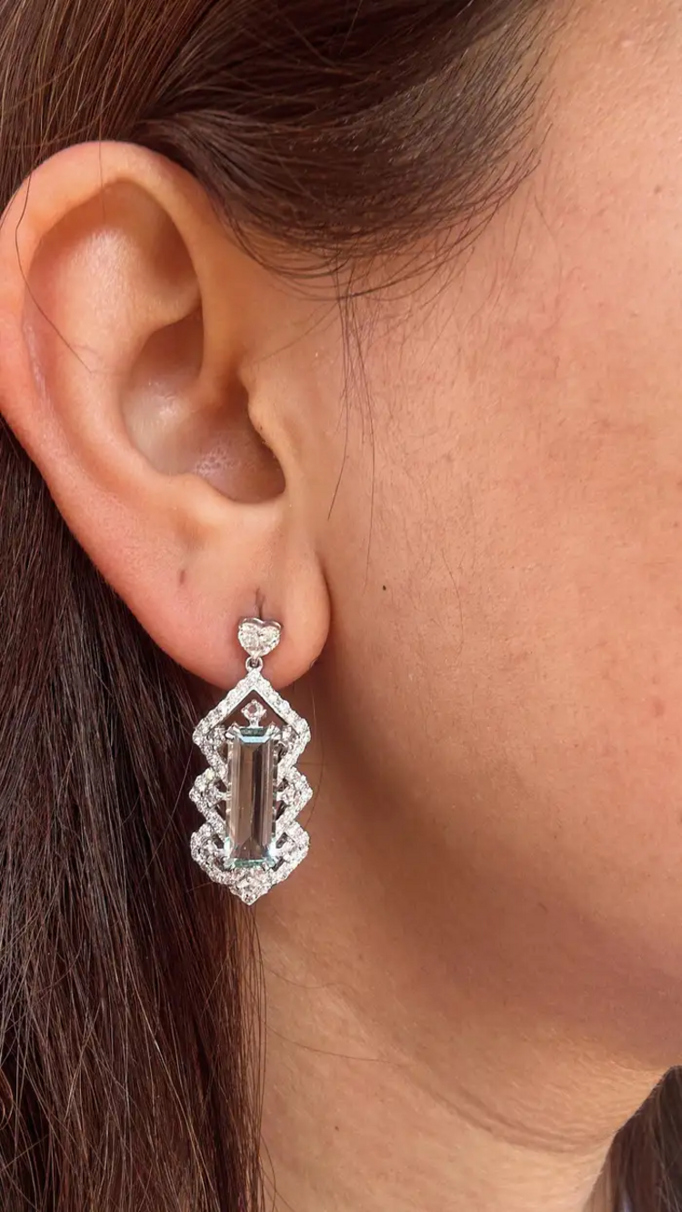 5.26 Ct. Aquamarine Dangle Earrings - Handmade 18k White Gold Heart Shape Diamond Earrings
