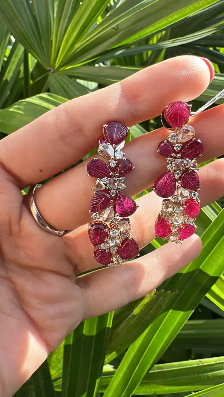 18k Rose Gold Mozambique Ruby Dangle Earrings - Natural Rose Cut Diamond Chandelier Earrings