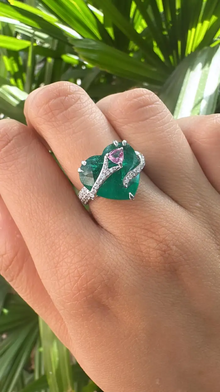 Heart Shape Zambian Emerald Gold Ring - 18k White Gold & Pink Sapphire Engagement Ring