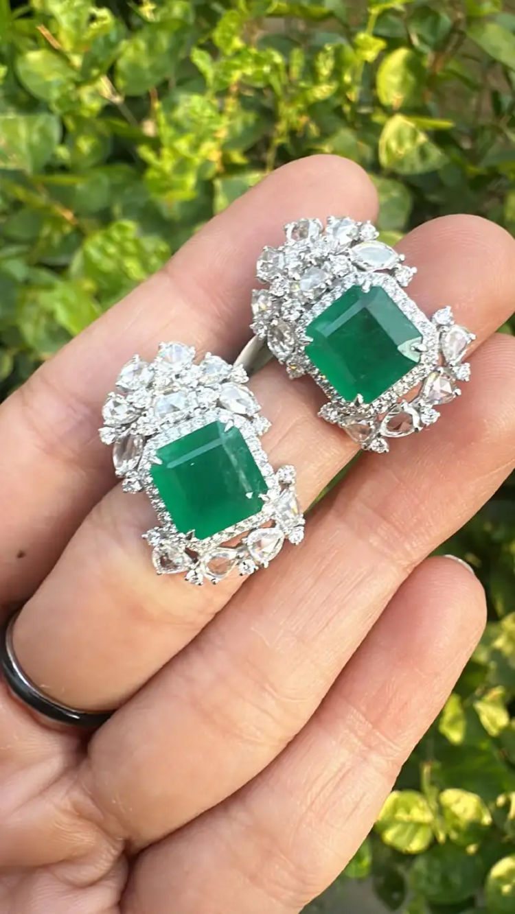 18k White Gold Handmade Minimalist Earrings - Natural Zambian Emerald Diamond Tiny Stud Earrings