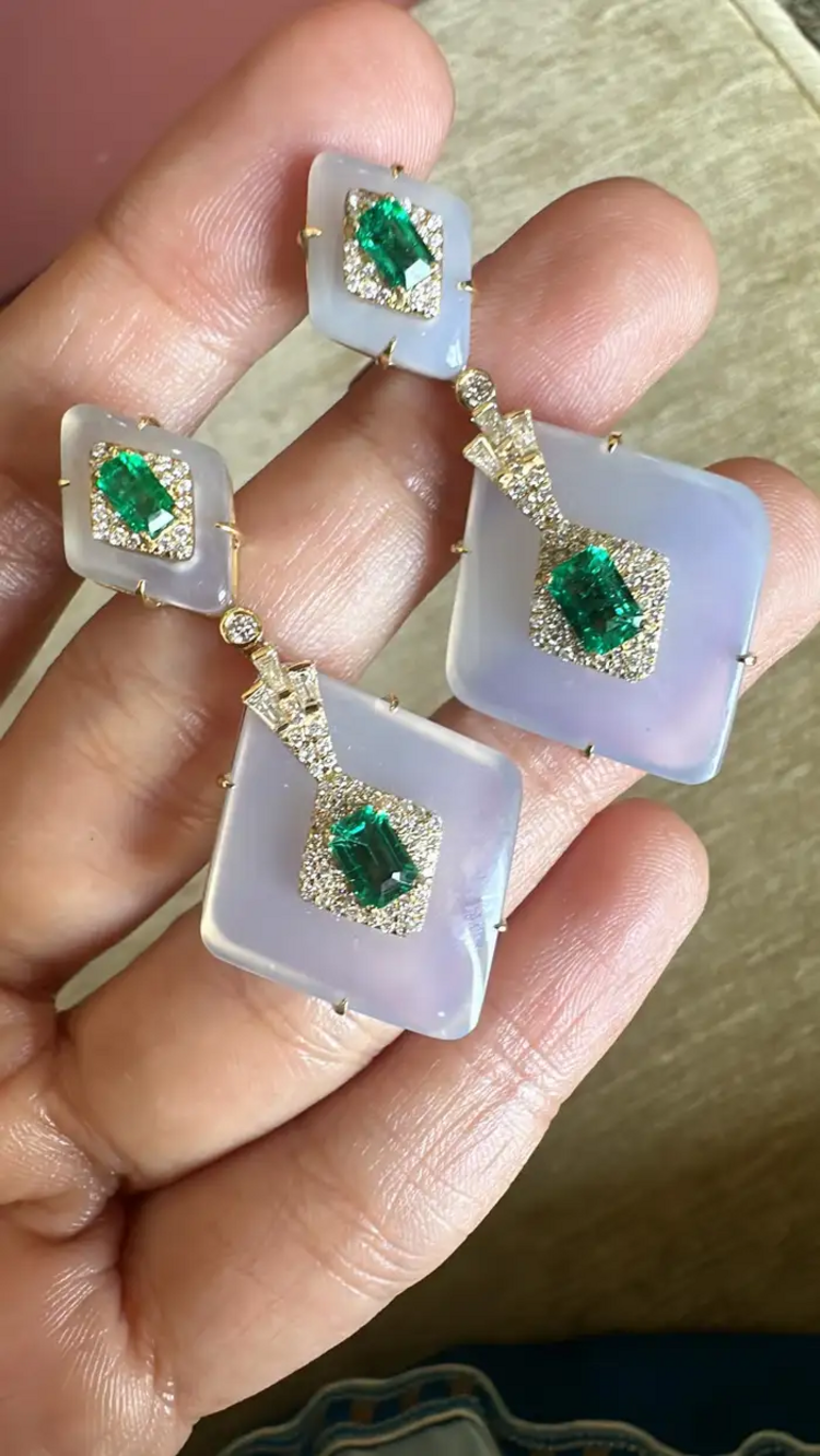 18k Yellow Gold Dangle Earrings - Natural Emerald & Rock Crystal Statement Earrings - Gold Diamond Women Earrings