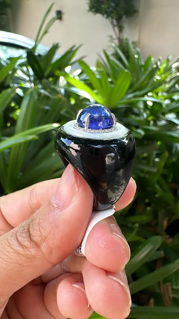 18k White Gold Ring - Natural Tanzanite & Mother Of Pearl Ring - Gold Diamond Cocktail Ring - Black Onyx Ring - Diamond Women Ring