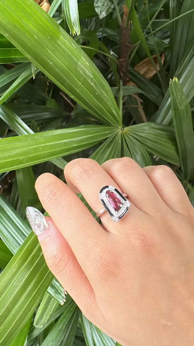 Natural Tourmaline & Black Enamel Ring - 18k White Gold Diamond Cocktail Ring