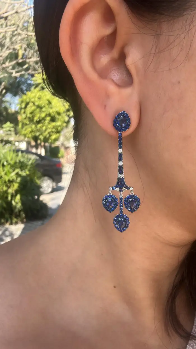 Natural Ceylon Blue Sapphire Chandelier Earring - 18k White Gold Diamond Handmade Dangle Earrings