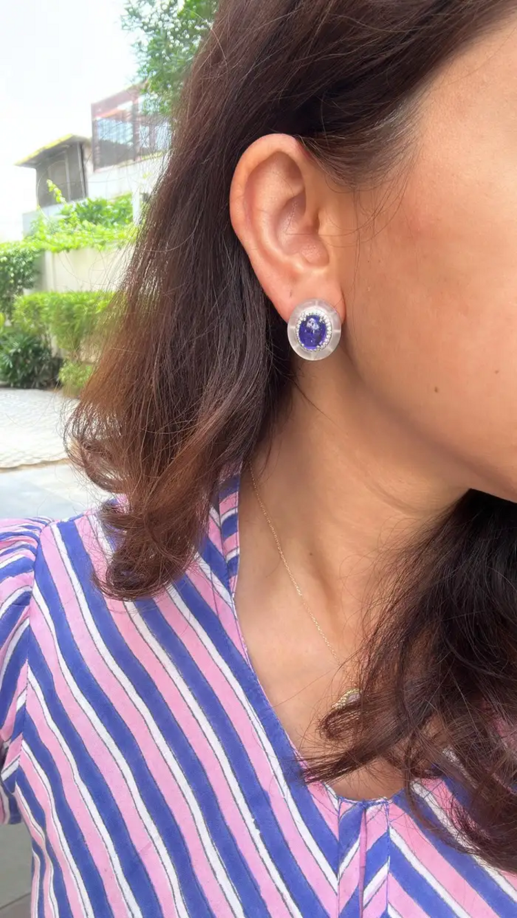 Set in 18K Gold, Tanzanite Cabochon, Rock Crystal & Diamonds Stud Earrings