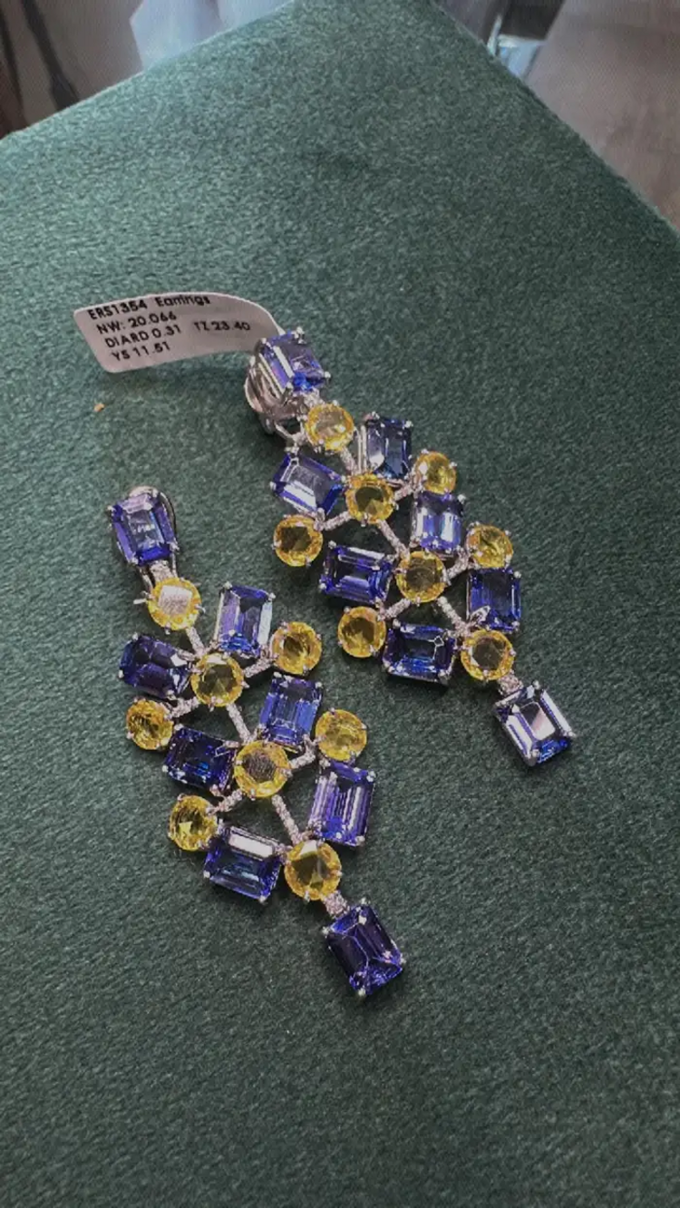 Natural Tanzanite & Yellow Sapphire Dangle Earrings - 18k White Gold Diamond Chandelier Earrings
