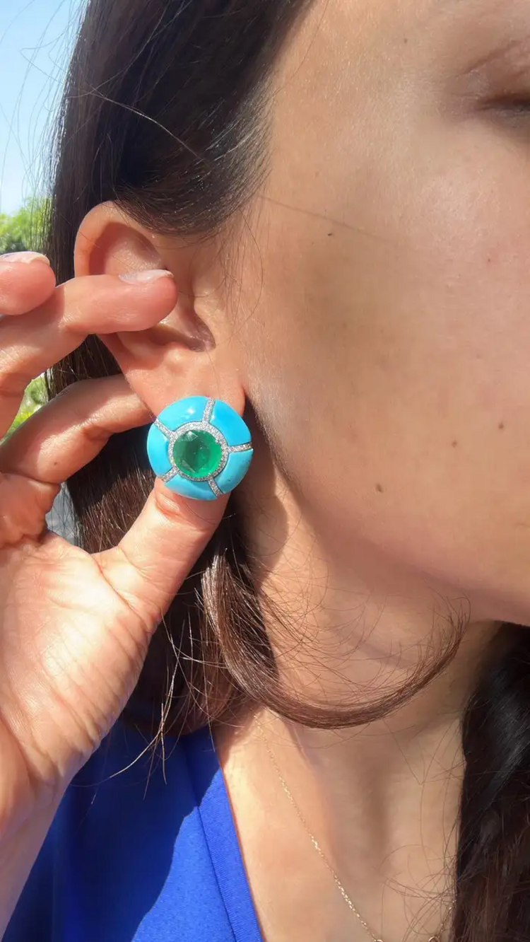 18k White Round Zambian Emerald Stud Earrings - Turquoise Gemstone & Diamond Women Jewelry