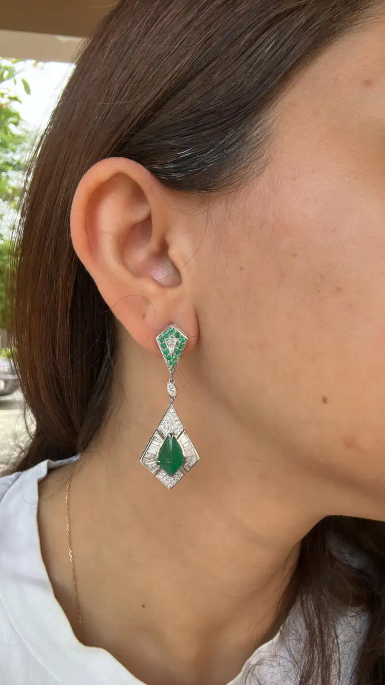 Natural Zambian Emerald Dangle Earrings - 18k White Gold Diamond Handmade Earrings