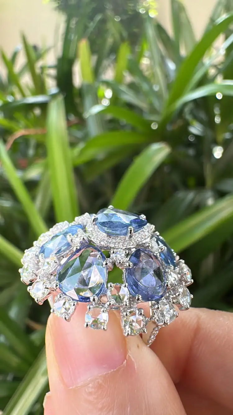 Natural Blue Sapphire & Rose Cut Diamonds Cocktail Ring - Handmade 18k White Gold Ring