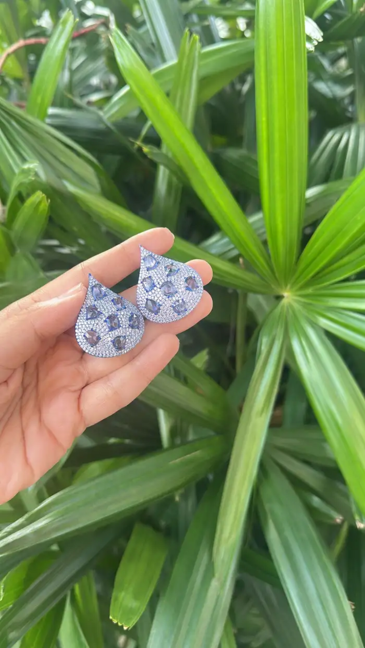 18k White Gold Diamond Earrings With Blue Rhodium - Natural Blue Sapphire Gemstone Earrings