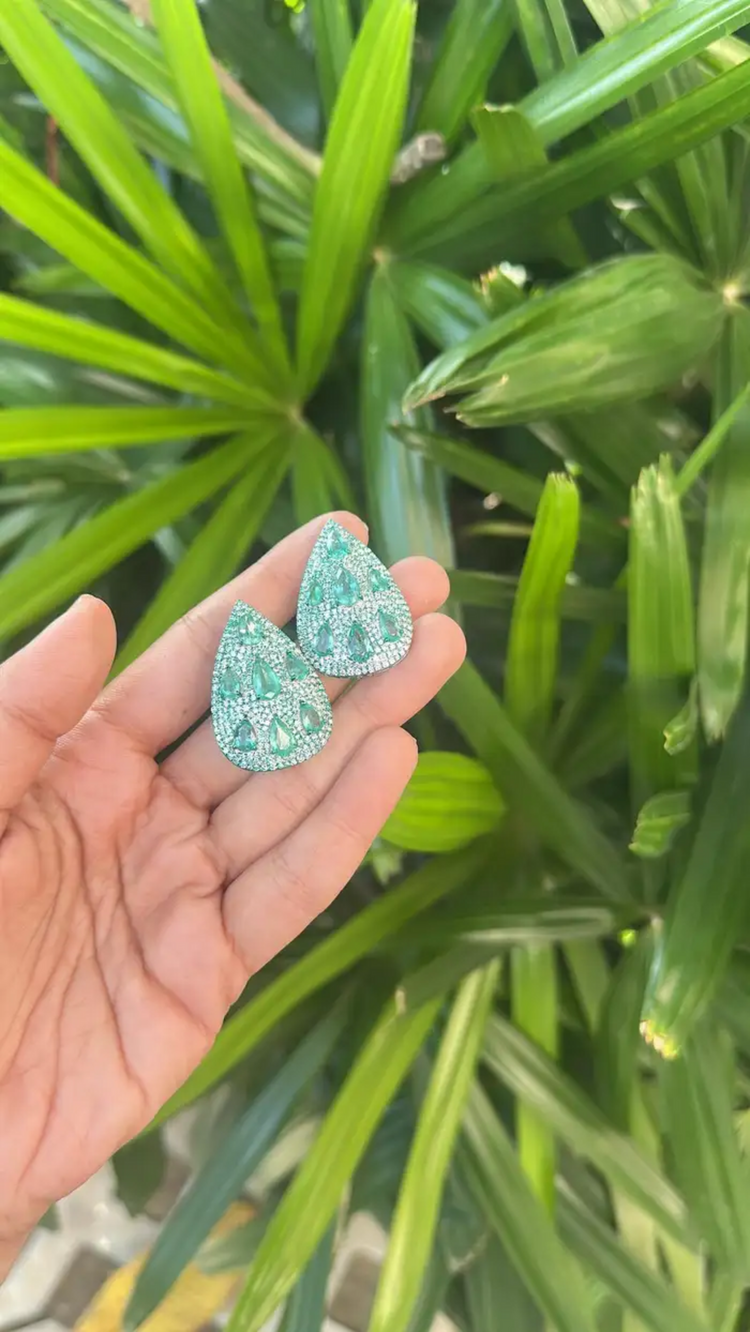 Natural Zambian Emerald & Diamond Pear Shape Earrings - 18k White Gold Earrings With Green Rhodium