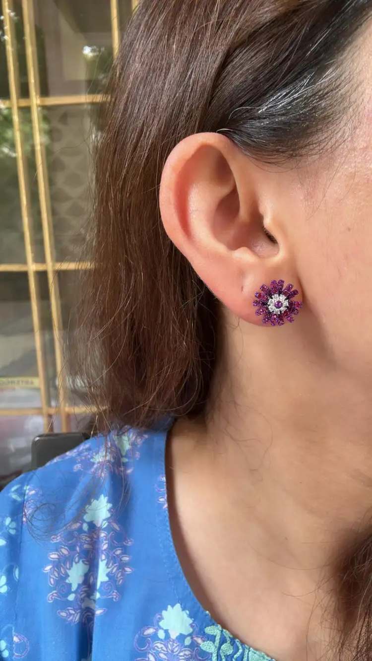 Natural Mozambique Ruby & Diamonds Stud Earrings - 18k Gold Purple Rhodium Tiny Stud Earrings