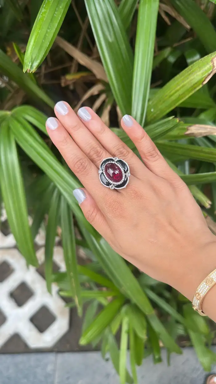 Natural Tourmaline & Black Onyx Cocktail Ring - 18k White Gold Diamond Handmade Ring
