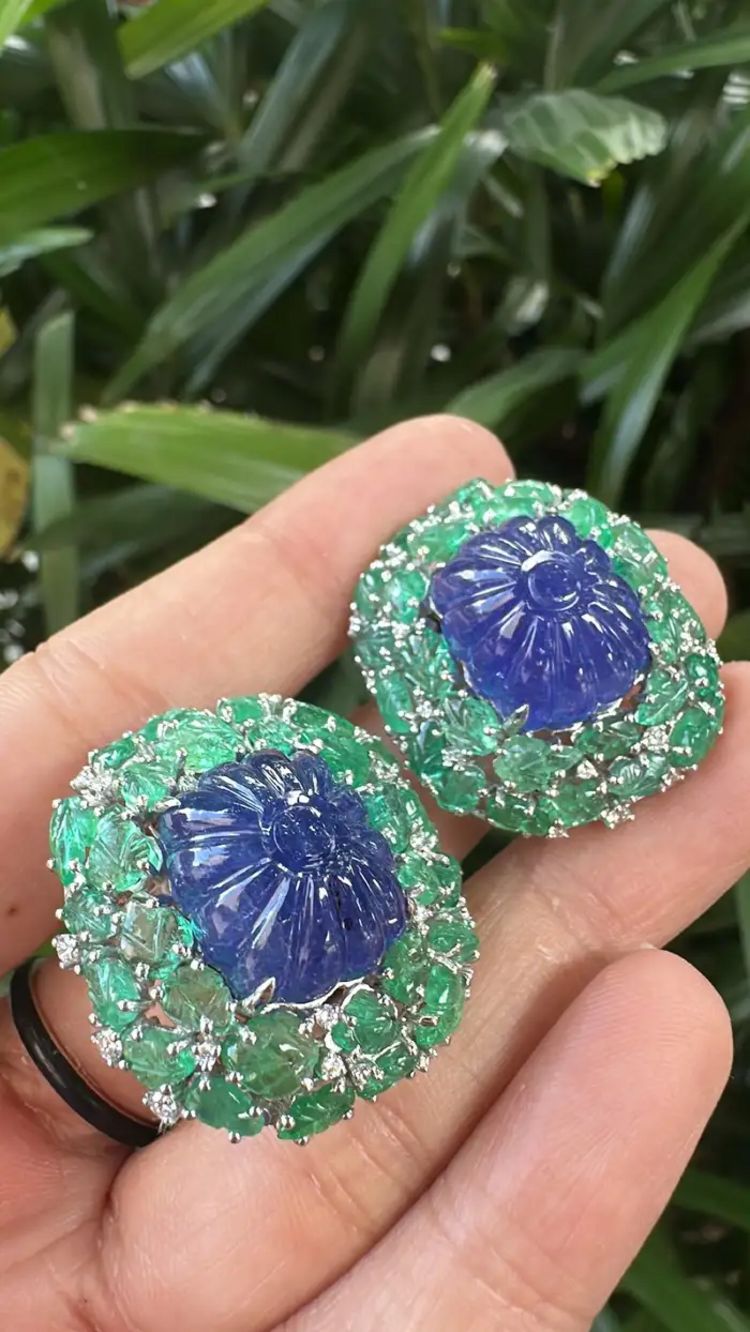 18k White Gold Diamond Stud Earrings - Hand Carved Tanzanite & Zambian Emerald Earrings