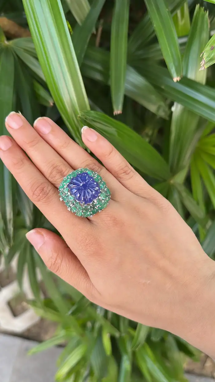 18k White Gold Diamond Statement Ring - Natural Tanzanite & Zambian Emerald Cocktail Ring