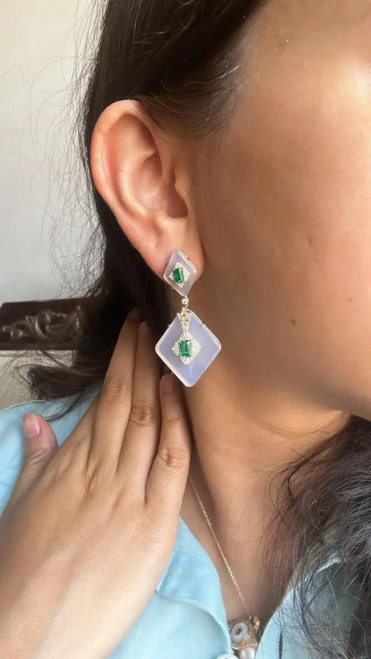 18k Yellow Gold Dangle Earrings - Natural Emerald & Rock Crystal Statement Earrings - Gold Diamond Women Earrings