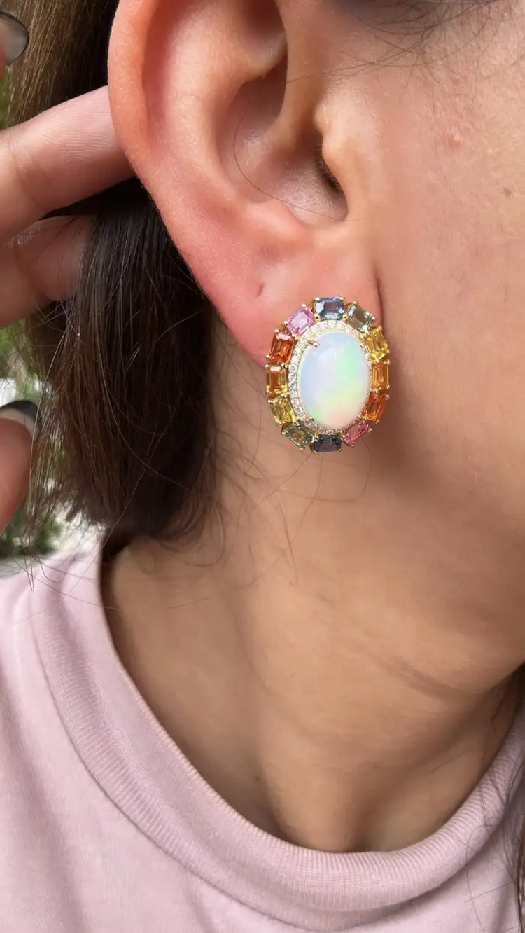 Ethiopian Opal & Ceylon Multi Sapphire Stud Earrings - 18k Yellow Gold Diamond Earrings