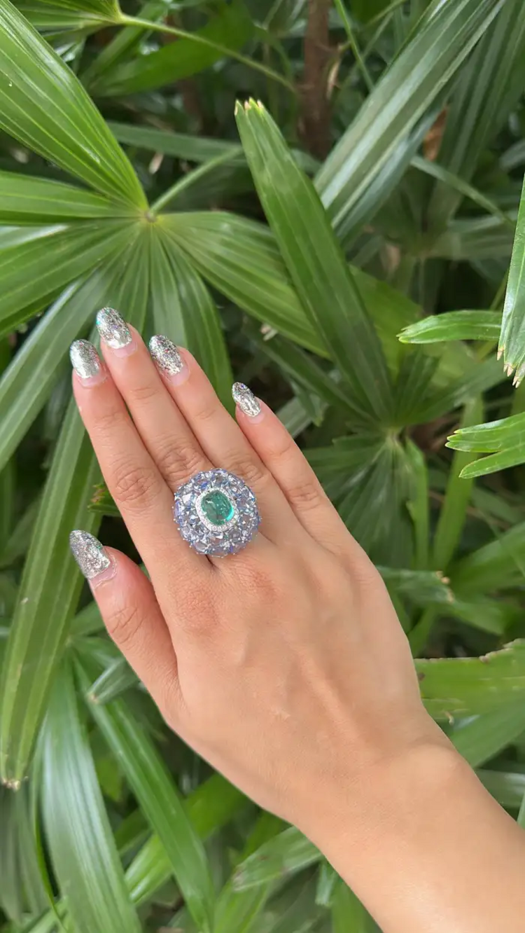 18k White Gold Diamond Statement Ring - Natural Zambian Emerald & Blue Sapphire Cocktail Ring