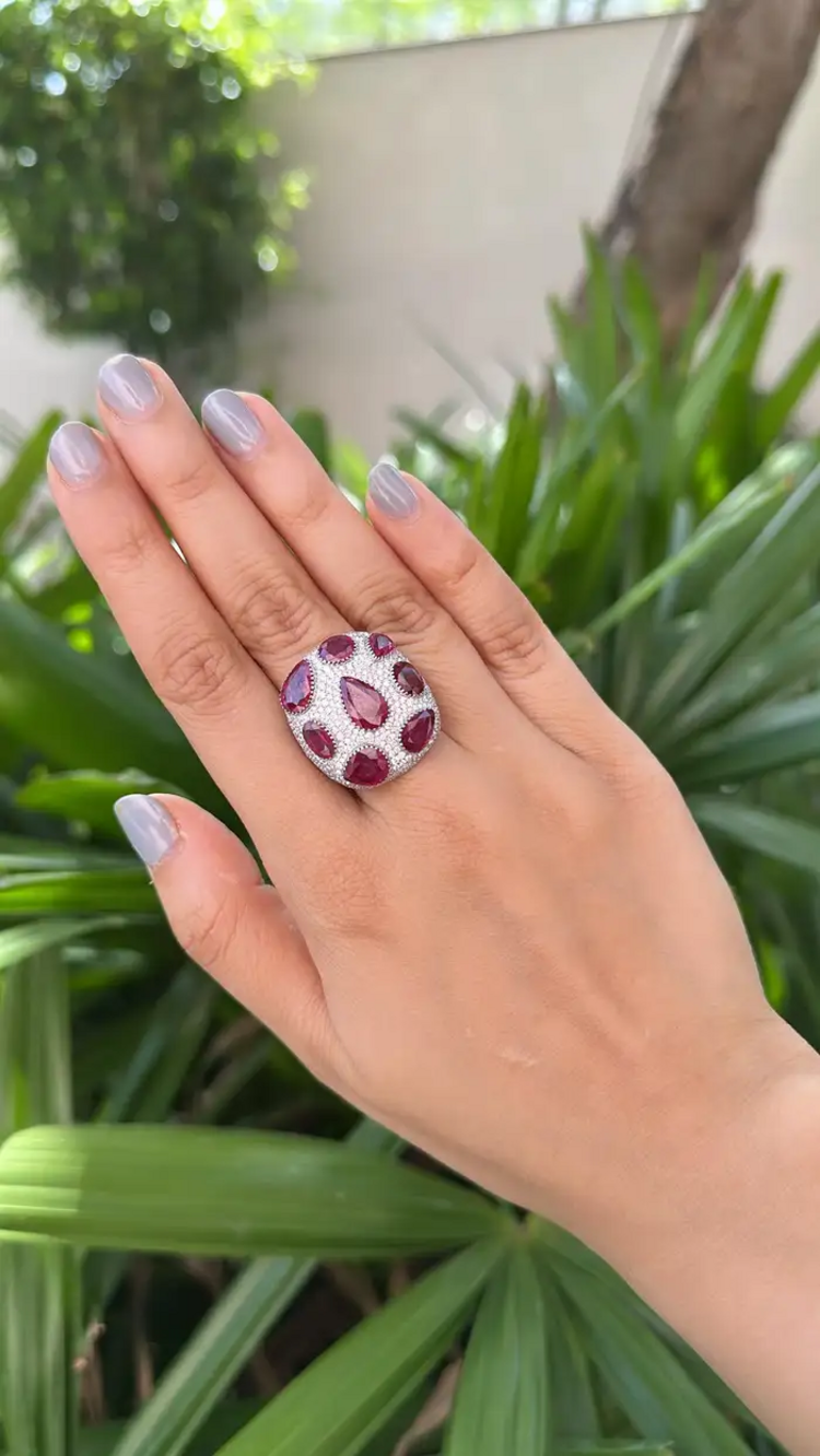 Natural Mozambique Ruby & Diamond Dome Ring - 18k White Gold Handmade Statement Ring