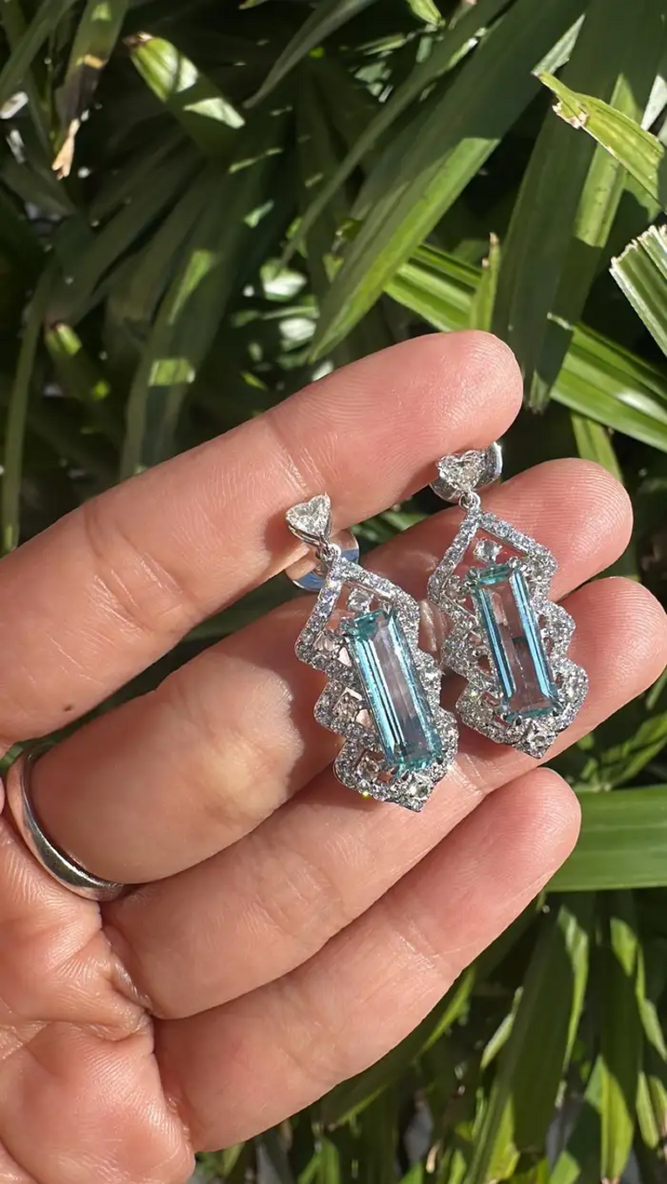5.26 Ct. Aquamarine Dangle Earrings - Handmade 18k White Gold Heart Shape Diamond Earrings