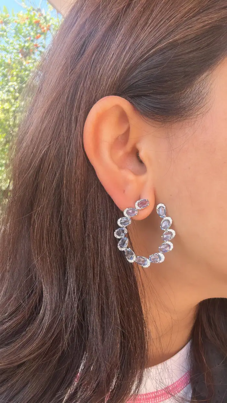 Natural Ceylon Blue Sapphire & Diamond Hoop Earrings - Solid 18k White Gold Handmade Earrings