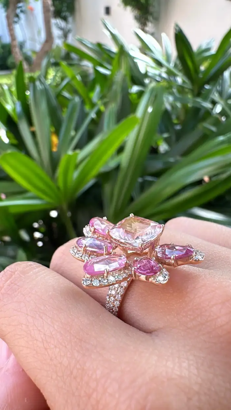 18k Rose Gold Diamond Wedding Ring With Morganite & Pink Sapphire Gemstone
