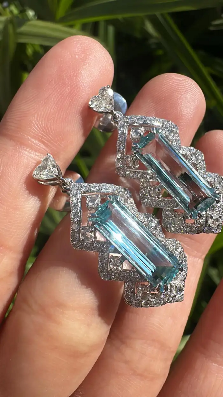 5.26 Ct. Aquamarine Dangle Earrings - Handmade 18k White Gold Heart Shape Diamond Earrings