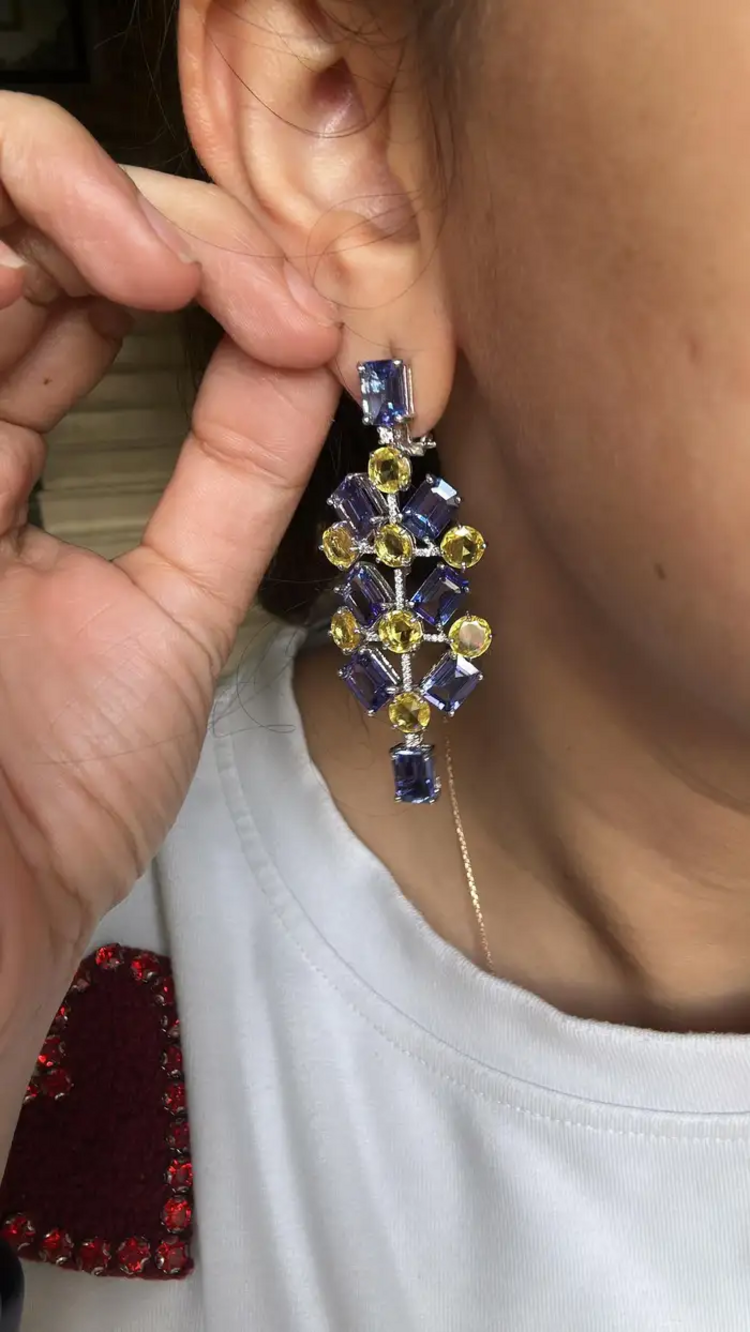 Natural Tanzanite & Yellow Sapphire Dangle Earrings - 18k White Gold Diamond Chandelier Earrings