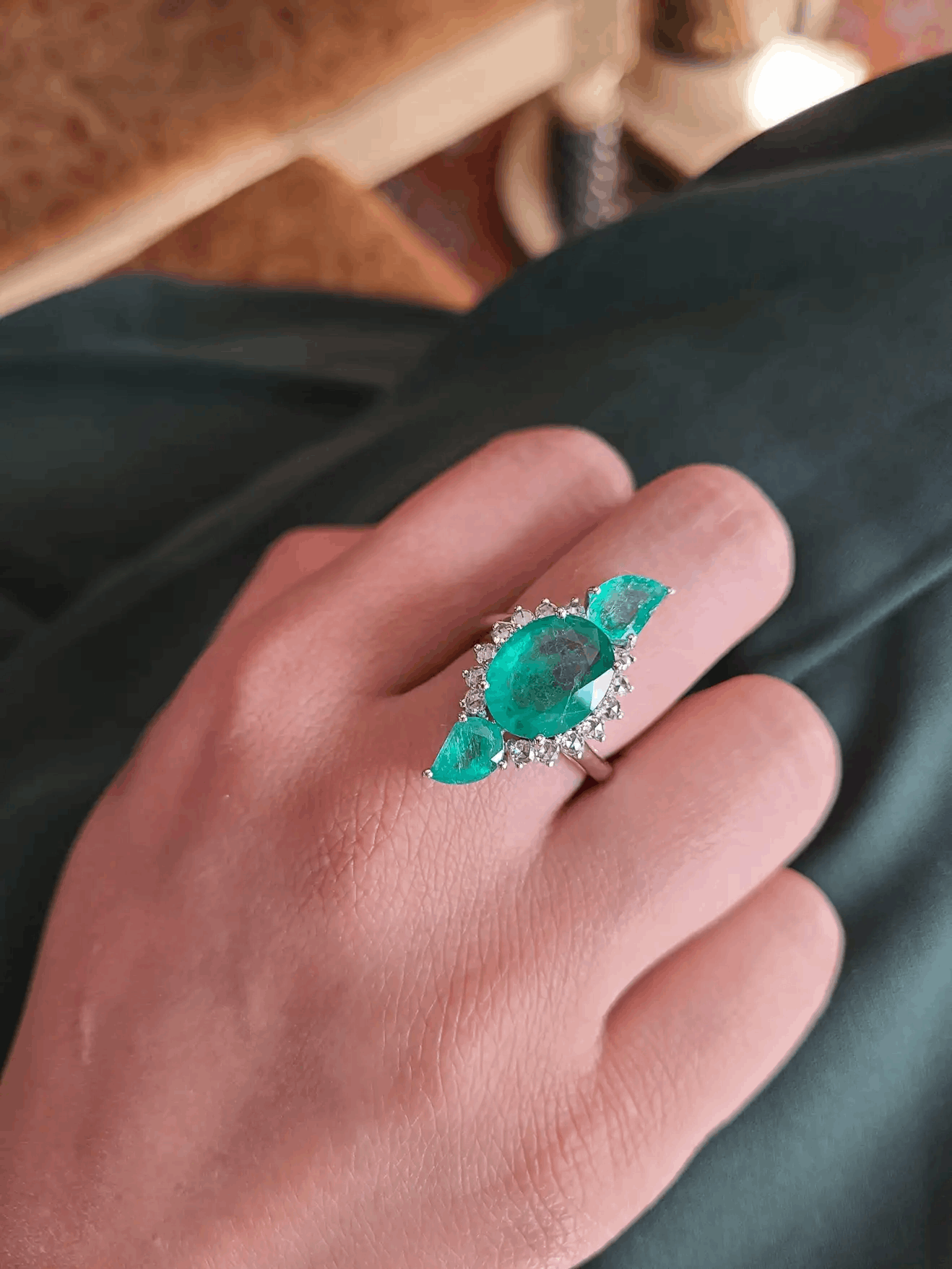 Natural Emerald and Diamond Rose Cut Ring Set in 18 Karat Gold
