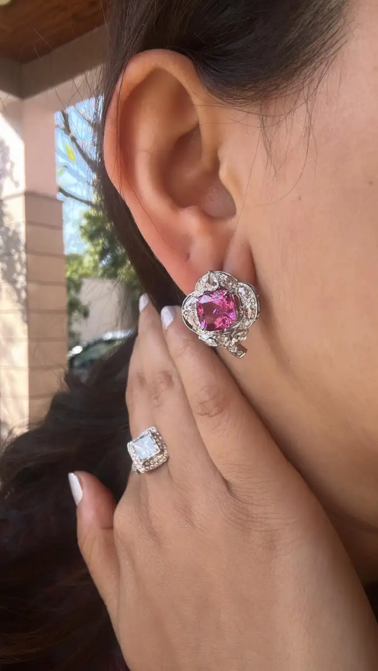 Natural Rubellite & Rose Cut Diamond Stud Earrings Made in 18k White Gold