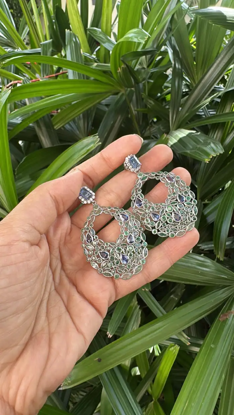 18k White Gold Diamond Art Deco Style Earrings - Natural Blue Sapphire & Zambian Emerald Dangle Earrings