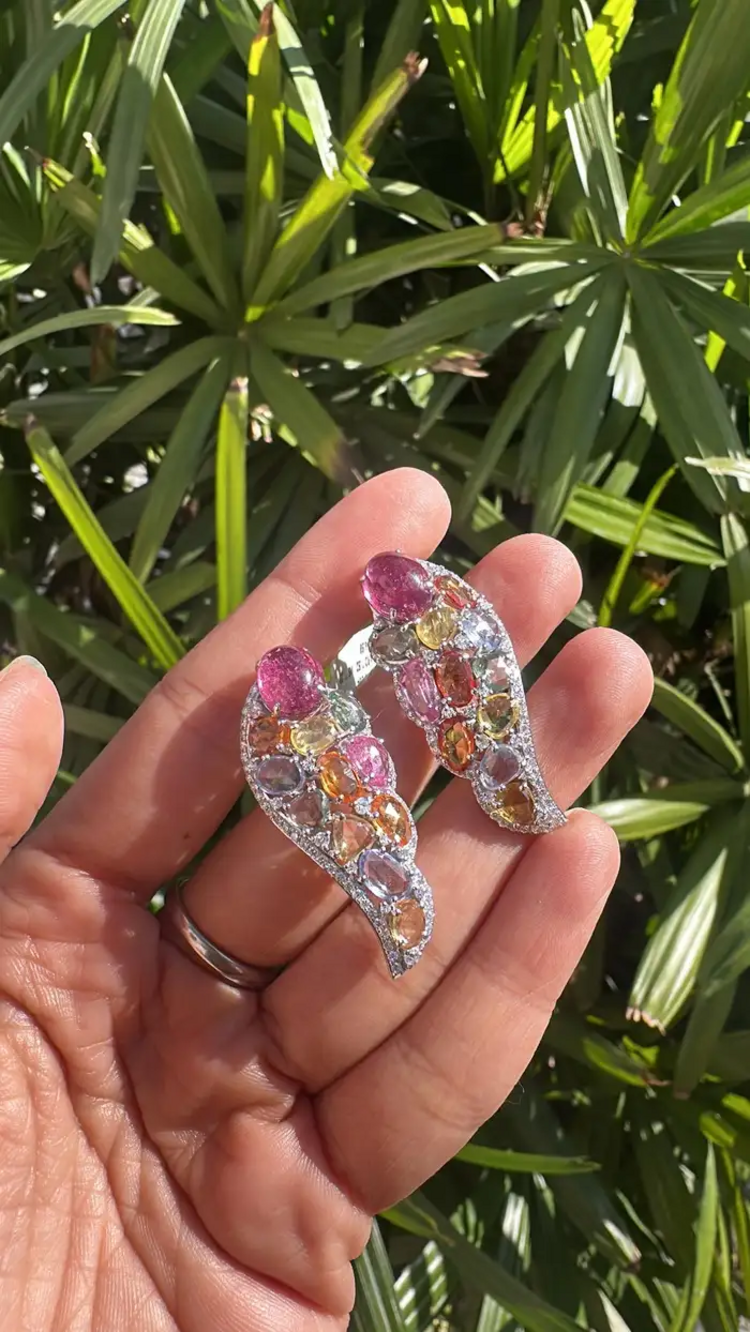 Natural Multi Sapphire & Tourmaline Gemstone Earrings - 18k White Gold Diamond Earrings
