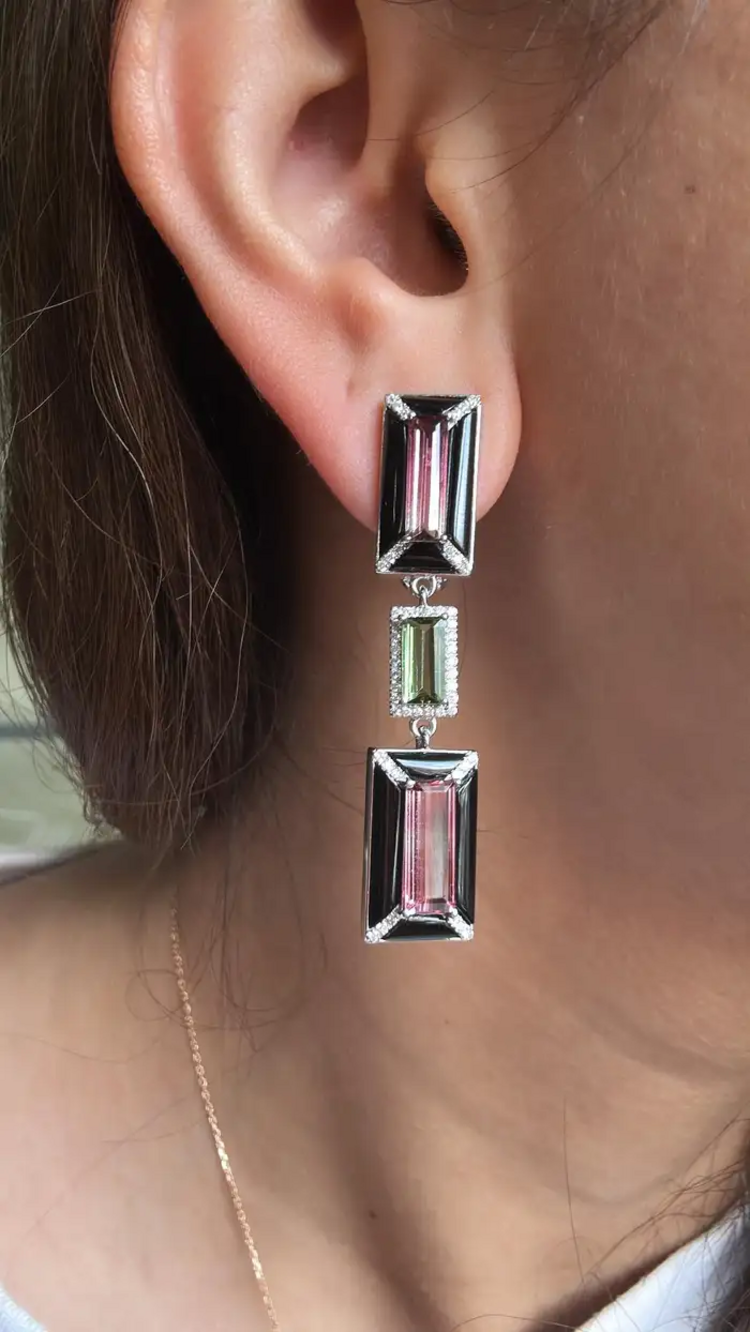 18k White Gold Diamond Dangle Earrings - Natural Tourmaline & Black Onyx Dangle Earrings