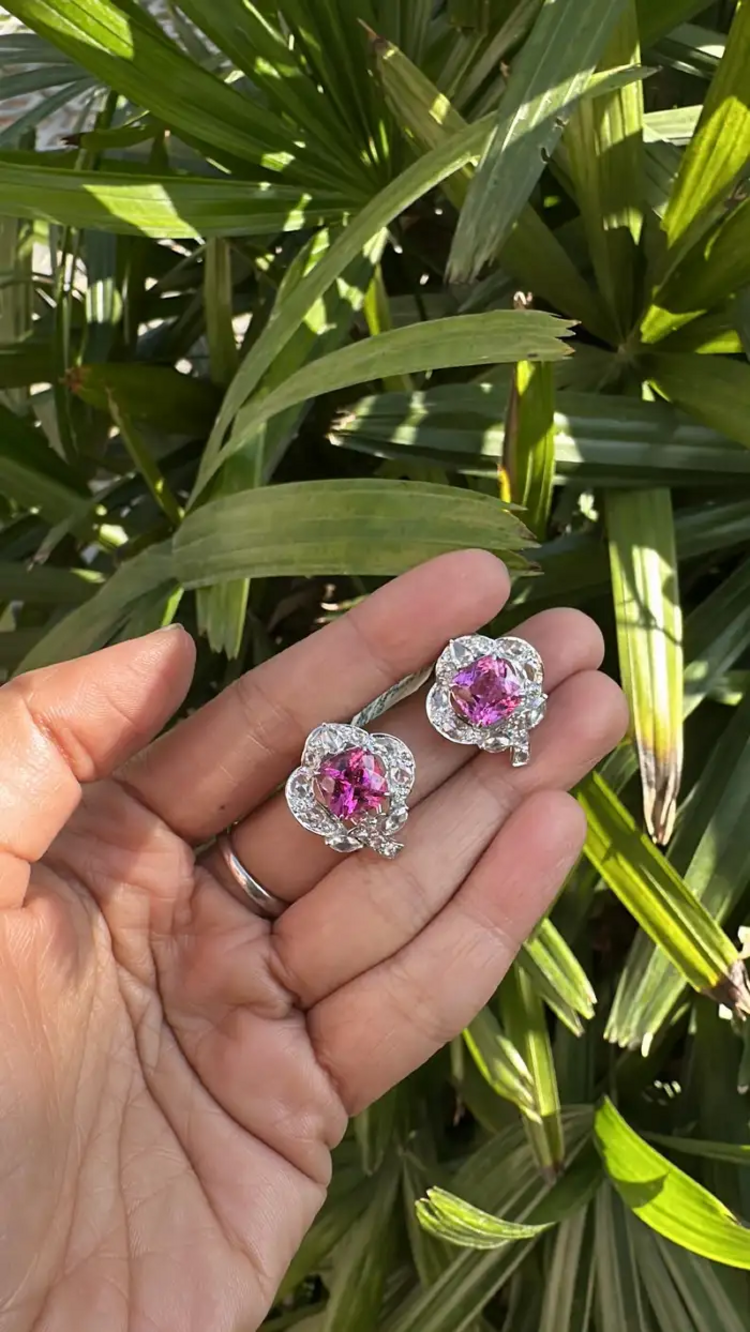 Natural Rubellite & Rose Cut Diamond Stud Earrings Made in 18k White Gold