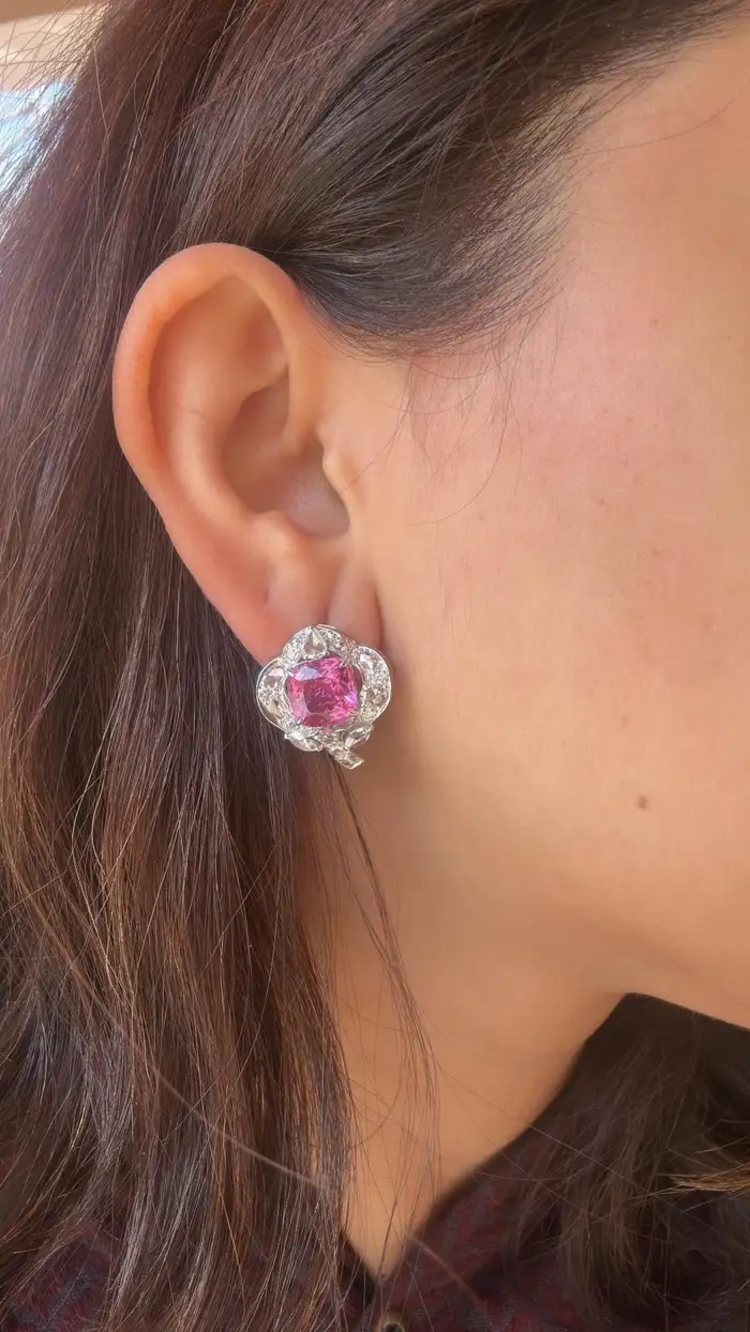 Natural Rubellite & Rose Cut Diamond Stud Earrings Made in 18k White Gold
