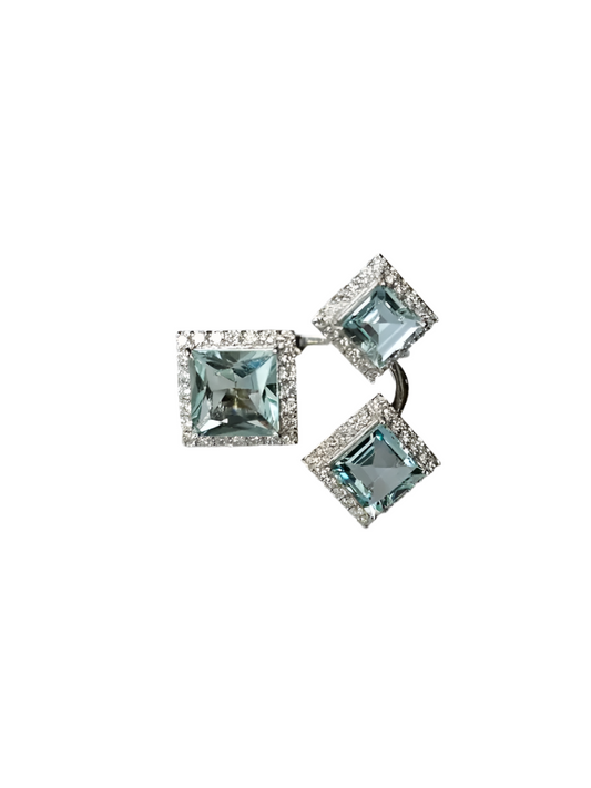 3.80 Ct. Aquamarine Gemstone Three Stone Cocktail Ring - 18k White Gold Diamond Ring