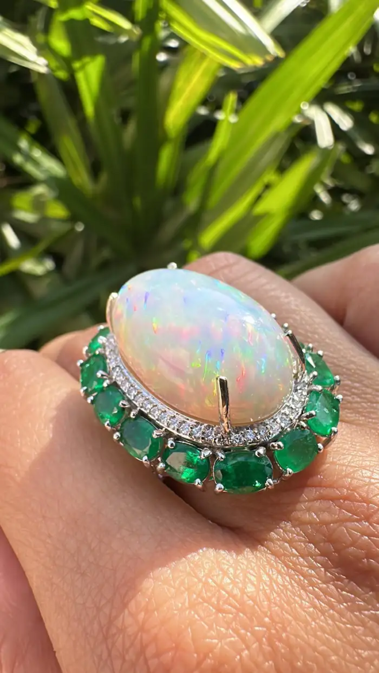 Natural Ethiopian Opal & Zambian Emerald Cocktail Ring - 18k White Gold Diamond Wedding Ring
