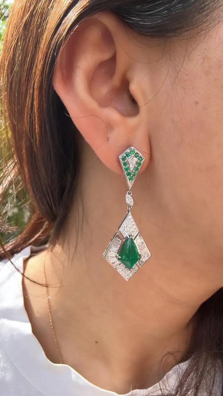 Natural Zambian Emerald Dangle Earrings - 18k White Gold Diamond Handmade Earrings
