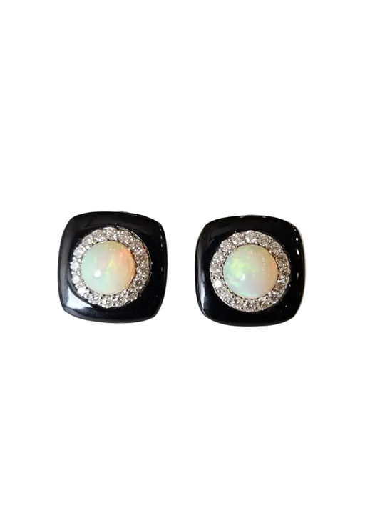 Natural Black Onyx & Ethiopian Opal Stud Earrings - 18k White Gold Diamond Handmade Earrings