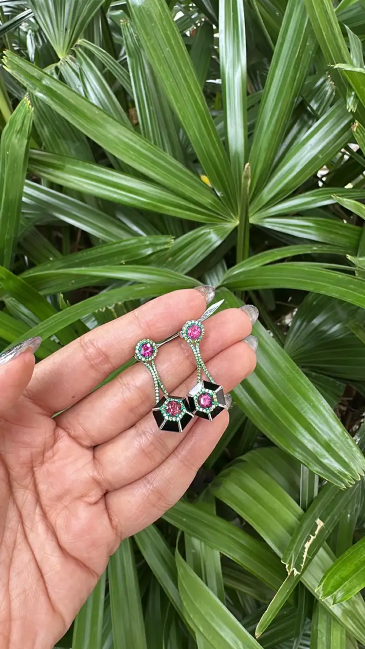Green Rhodium 18k Gold Diamond Dangle Earrings - Natural Tourmaline & Black Onyx Stud Earrings