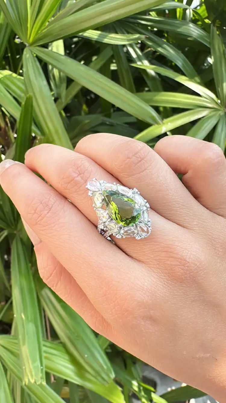 Natural Tourmaline & White Sapphire Ring - 18k White Gold Diamond Handmade Ring