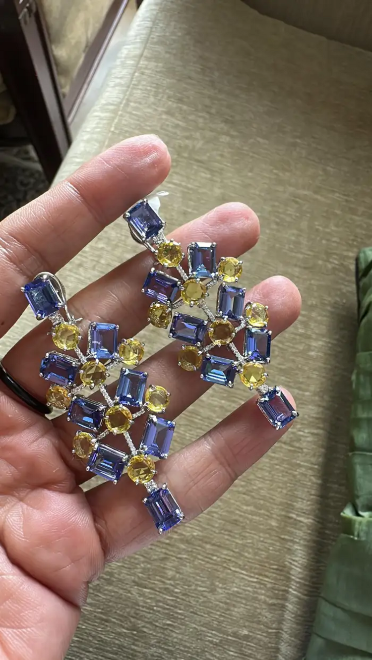 Natural Tanzanite & Yellow Sapphire Dangle Earrings - 18k White Gold Diamond Chandelier Earrings