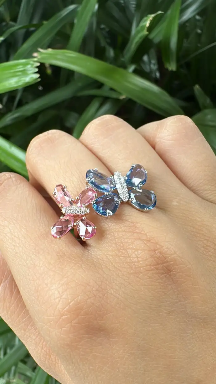 18k Gold Diamond Engagement Ring - Natural Ceylon Pink & Blue Sapphire Stackable Ring