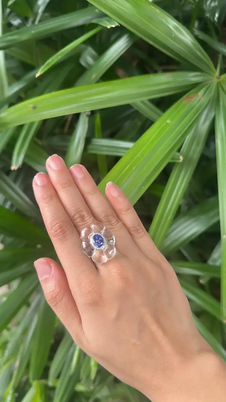 18k White Gold Diamond Cocktail Ring - Natural Tanzanite & Crystal Ring