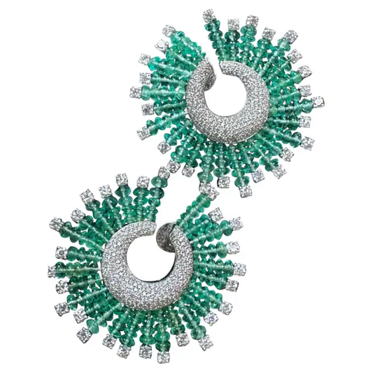 Natural Zambian Emerald Beads Earrings - 18k White Gold Diamond Stud Hoop Wedding Earrings