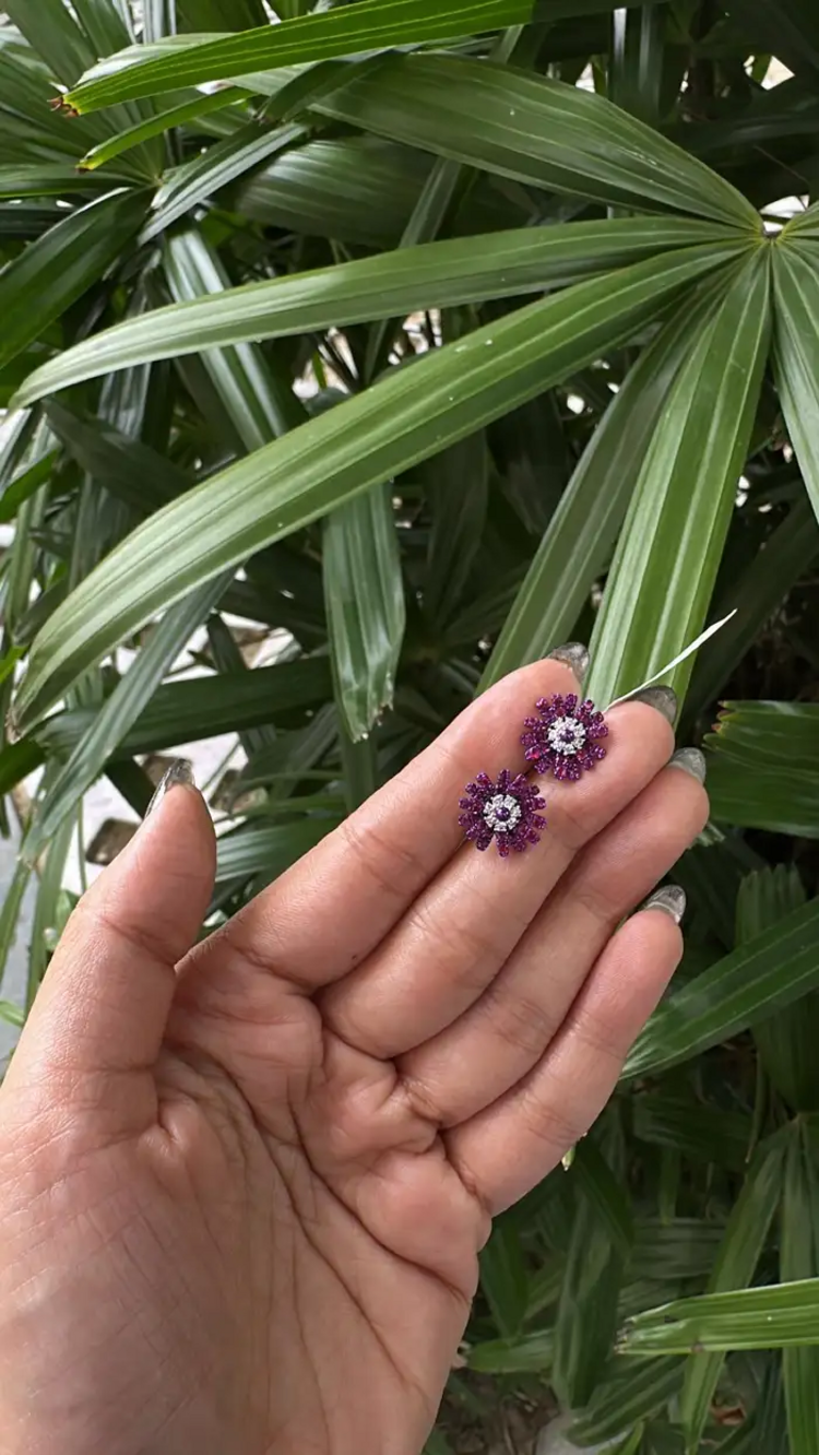 Natural Mozambique Ruby & Diamonds Stud Earrings - 18k Gold Purple Rhodium Tiny Stud Earrings
