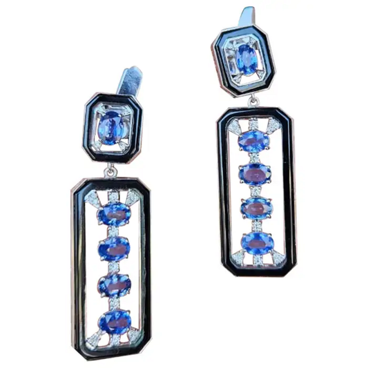 5.59 Ct. Oval Cut Ceylon Blue Sapphire 18k White Gold Earrings - Natural Diamond & Black Onyx Dangle Earrings