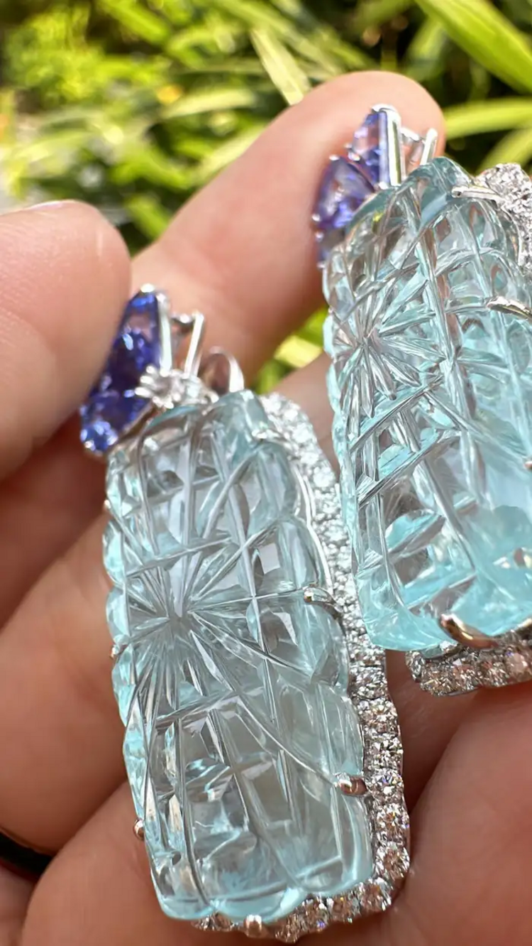 41.37 Ct. Carved Aquamarine Dangle Earrings - 18k White Gold Handmade Earrings - Trillion Cut Tanzanite Earrings